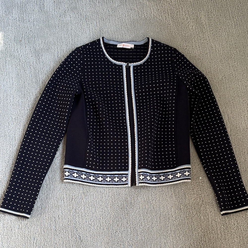 Tory Burch Navy and White Crop Knit Lady Jacket